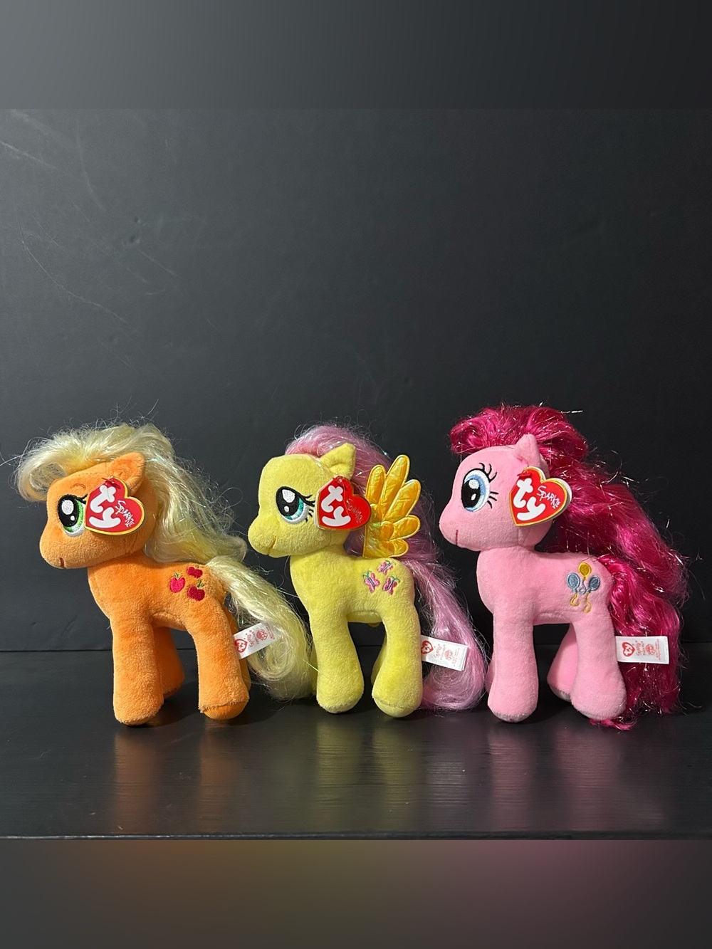 Three Ty Beanie Babies Sparkle, Applejack, Fluttershy, And Pinkie Pie, 7in
